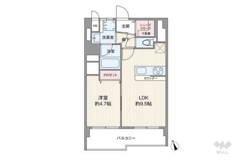 間取りは専有面積38.88平米の1LDK。収納力のあるシューズインクロゼット付きのプラン。居住スペースを優先した、室内廊下が短い造り。洗面室に窓があるのもポイントです。