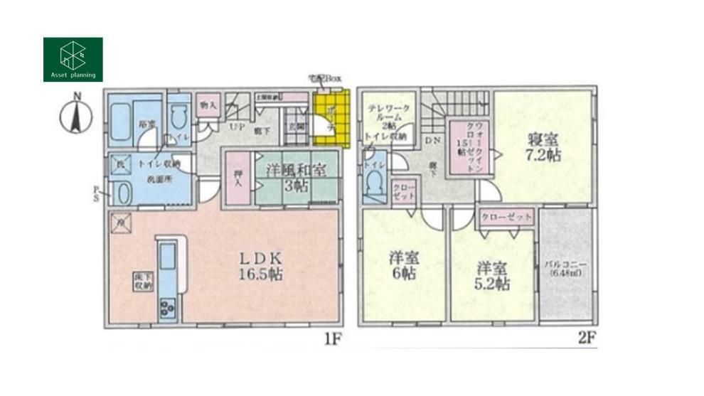 間取り図 2号棟の間取図です。 収納が充実した4LDK＋テレワークルーム付きの住宅です。 家族で共有出来るクローゼットを2ヶ所ご用意しております、また寝室をより広くお使い頂けるウォークインクローゼットも備わっております。