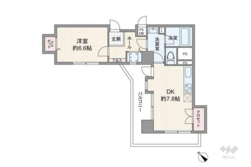 間取り図 間取りは専有面積40.54平米の1DK。DKと個室が離れて配置された、プライベートスペースとパブリックスペースを分けて使いやすいプラン。