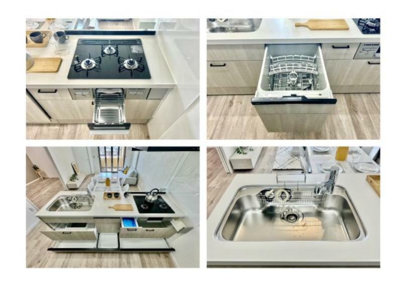 キッチン 【システムキッチン】ワイドで収納豊富な使い勝手の良いカウンターキッチンには、食洗器や三ツ口コンロ・魚焼きグリルなどの便利な設備が標準完備されています。