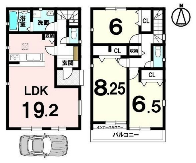 間取り図 南向きのLDKは19.2帖！建売住宅ではなかなか無い広さです。収納スペースも豊富に確保しております。