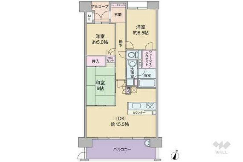 間取り図 間取りは専有面積73.74平米の3LDK。ウォークインクロゼット付き、15帖大の横長リビングプラン。室内を見通せないクランクインの玄関。バルコニー面積は12.80平米です。