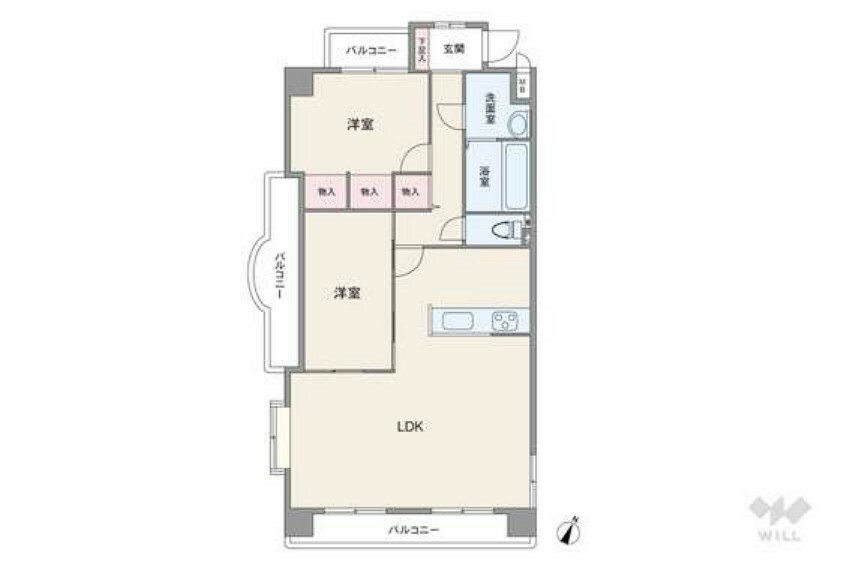 間取りは専有面積69.24平米の2LDK。3か所にバルコニーが設けられたプラン。全居室がバルコニーに面し開放感があります。