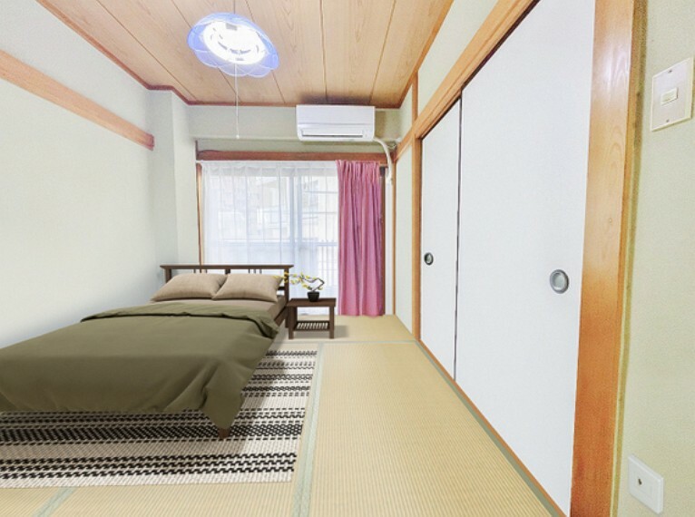 和室 6帖の和室はベッドや机を置いても十分な居住スペースが確保出来そうです。収納付きでお部屋もスッキリお使いいただけそうです。※家具はCGによるイメージです。