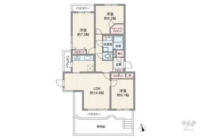 間取り図 間取りは専有面積81.22平米の3LDK。専用庭付き、LDK約14.9帖のセンターインのプラン。バルコニー面積は13.31平米です。