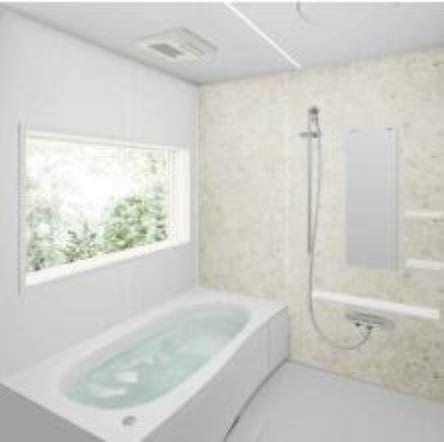 同仕様写真（内観） 【浴室イメージ】珊瑚石＋グレイスホワイトの壁でスタイリッシュ。上記換気機能付きの乾燥暖房機、エスライン浴槽、すみピカフロア。