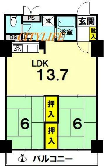 京都二条ハイツ(2LDK) 5階の間取り