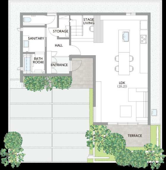 間取り図 【1階間取り図】ご家族が集うLDKは広々とした約28.2帖。階段下収納を備えているため、居住空間をすっきり保つことができそうです。