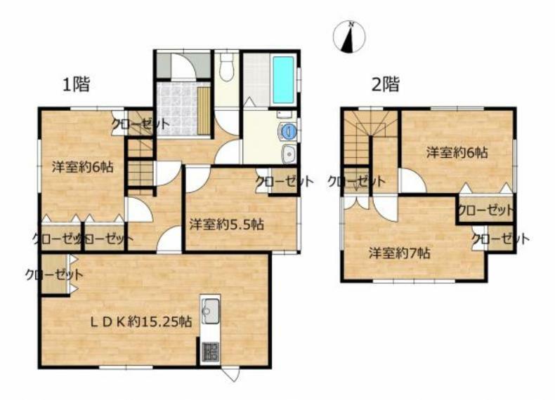 間取り図です。洋室4部屋の4LDKの住宅です。1階に洋室が二部屋あり、生活がしやすそうですね。各部屋収納付きです。