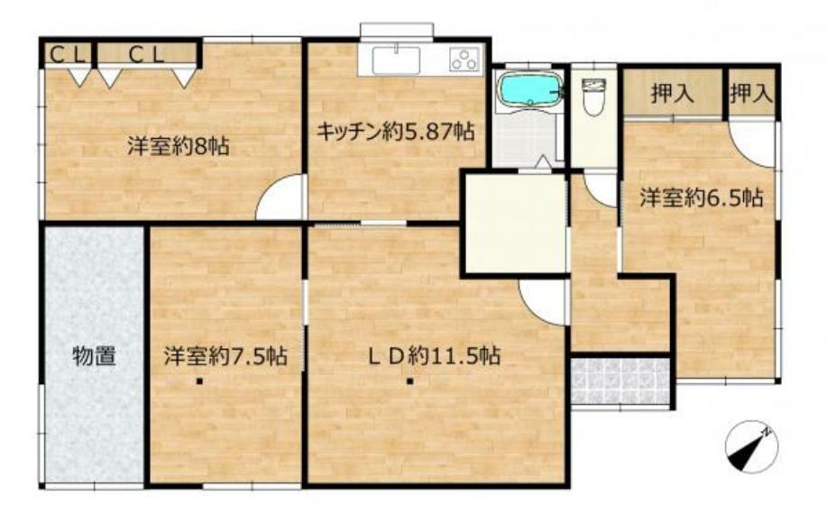 間取り図 【間取図】3SLDKの平家住宅です。各部屋ゆとりのある広さで、家具の配置にも困りません。