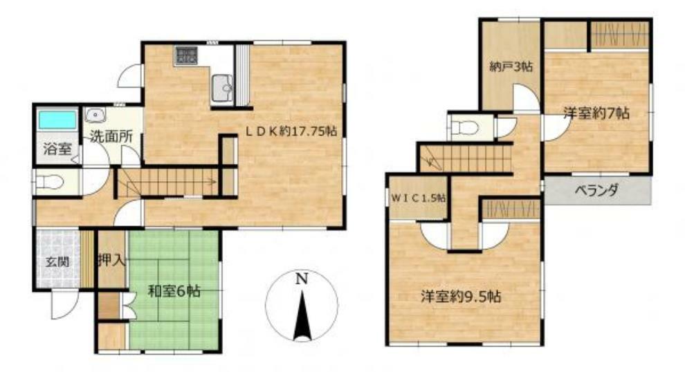 間取り図 【リフォーム後間取図】間取りは3SLDKの二階建てです。各部屋に収納があるので、部屋を広く使える間取りになっています。