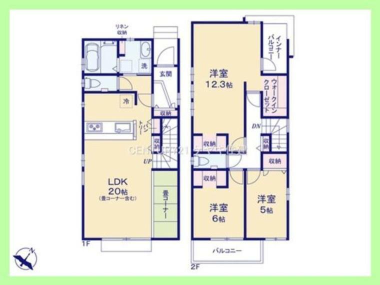 間取り図 3LDK。土地105.01平米（約31.76坪）建物121.1平米（約36.63坪）。収納豊富な全室収納付き。20帖のLDKは、ご家族が自然と集まる空間です。
