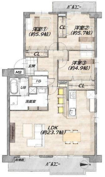 間取り図 【室内リフォーム完成】 ・89平米超、広々3LDK！ ・LDKは23平米超！二面開口で明るい室内！ ・角部屋×東西二面バルコニーで陽当たり、通風良好！ ・9階部分で眺望も開放的！ ・暮らしに便利な食洗機、浄水器、浴室暖房乾燥機、追炊き機能付き ・全居室に収納スペース付きで室内スッキリ