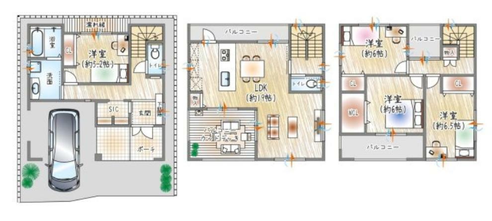 間取り図 2024年3月完成しました！1階にウォークスルータイプのSIC・3階にウォークインクローゼットを備えた収納豊富な3階建てLDKの住まい。