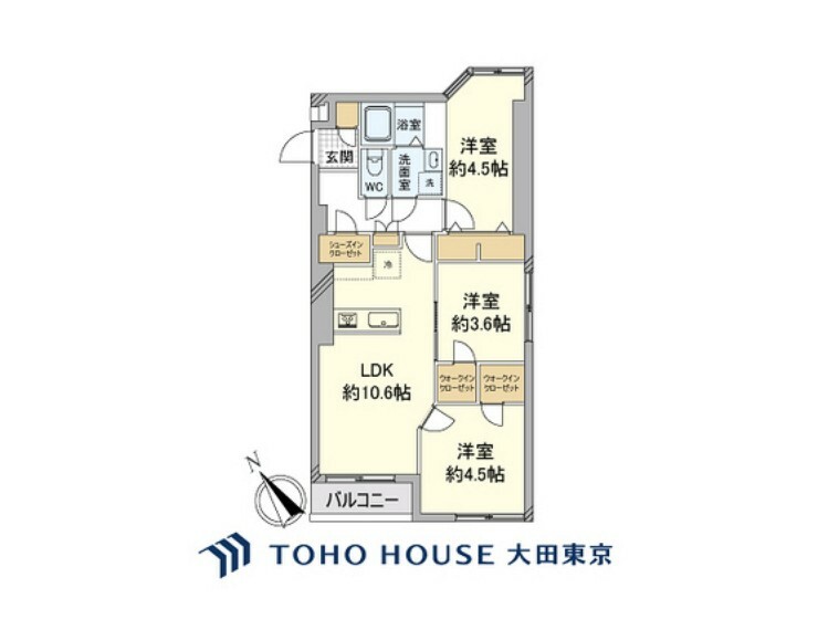 3LDK、専有面積60.92m2、バルコニー面積2.63m2