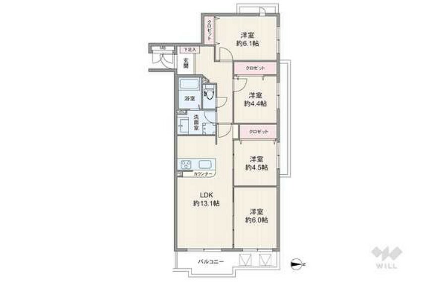 間取り図 間取りは専有面積74.61平米の4LDK。LDK約13.1帖の縦長リビングのプラン。バルコニー面積は7.46平米です。