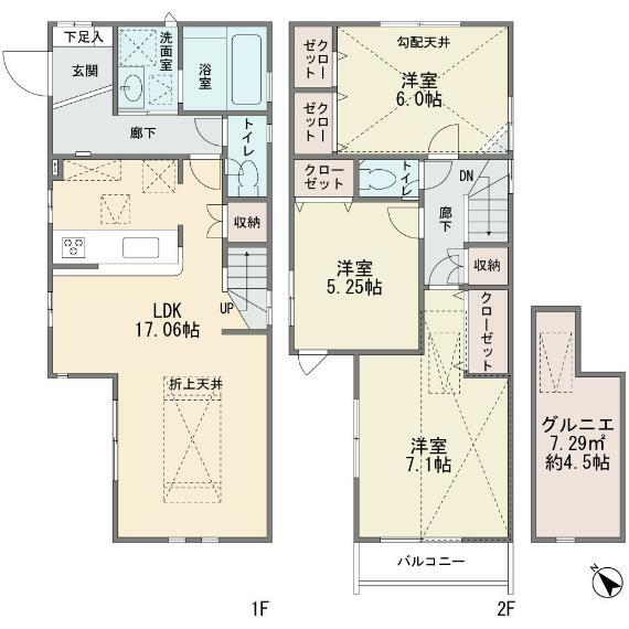 間取り図 屋根裏収納の有る新築分譲2階建て　南西公道6Mに面す整形地　LDK17.06帖　カウンターキッチン　床下収納　リビングイン階段　住宅性能評価書W取得　長期優良住宅　BELS　3LDK