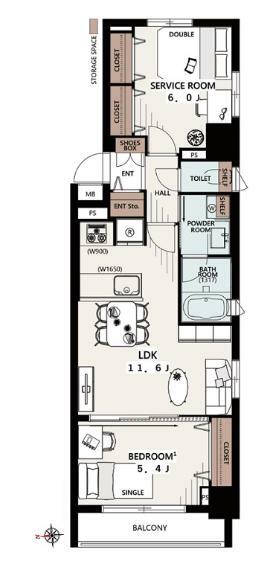 間取り図 3方角住戸の1SLDKの間取り。サービスルームも居室としてお使いいただけます！