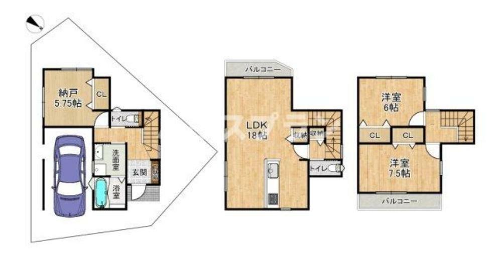 間取り図 【2号棟】ファミリーにおすすめの2SLDKの間取りです。 リビングに階段があるので家族とのコミュニケーションが自然と取れる設計になっています。 各居室大容量クローゼット、リビング・廊下収納完備。