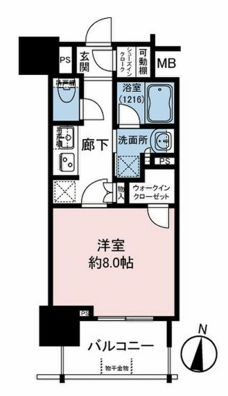 間取り図 大きな窓から明るい光が差し込む南東向きの住戸1Kは、シングルにちょうどいいサイズの間取りです。