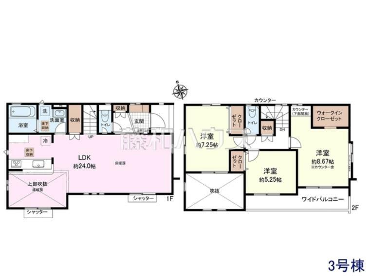 間取り図 3号棟　間取図　ウォークインクローゼット付きの居室は8帖超の広さがあり、開放的な空間が広がっております。ダブルベットを置いてもゆとりある空間です。【日野市新町4丁目】
