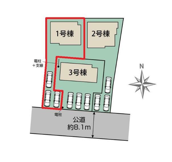 区画図 【1号棟区画図】土地面積200.56平米（60.66坪）・駐車3台可能（車種によります）