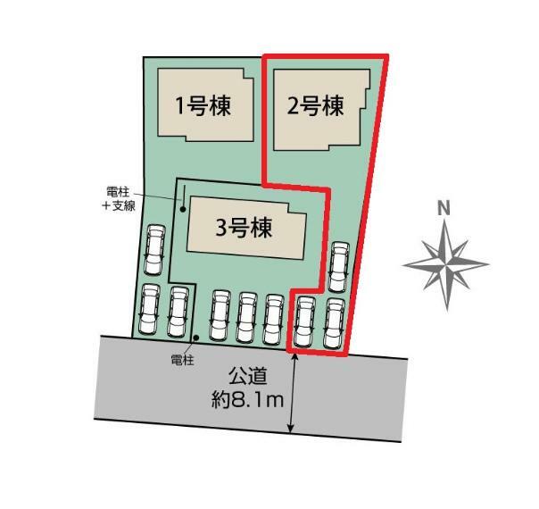 区画図 【2号棟区画図】土地面積203.07平米（61.42坪）・駐車3台可能（車種によります）