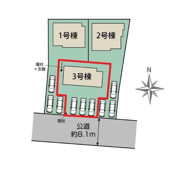 【3号棟区画図】土地面積201.83平米（61.05坪）・駐車3台可能（車種によります）