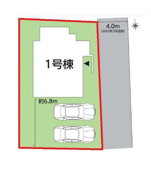 区画図 【1号棟区画図】土地面積181.48平米（54.89坪）・駐車3台可能（車種によります）