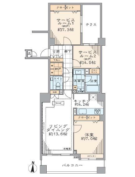 間取り図 84.6平米、居室が3部屋ありファミリーで暮らすのにちょうど良いゆとりある住空間