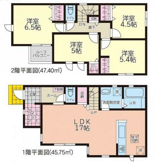 間取り図 1号棟:2階に4部屋あるのでプライベート空間も確保できますね。リビング階段で家族が集う間取りです。