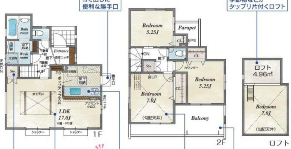 間取り図 1号棟:ロフト付きで季節物のお洋服も収納にも便利です。お子様の遊びスペースとしても活用可能です。