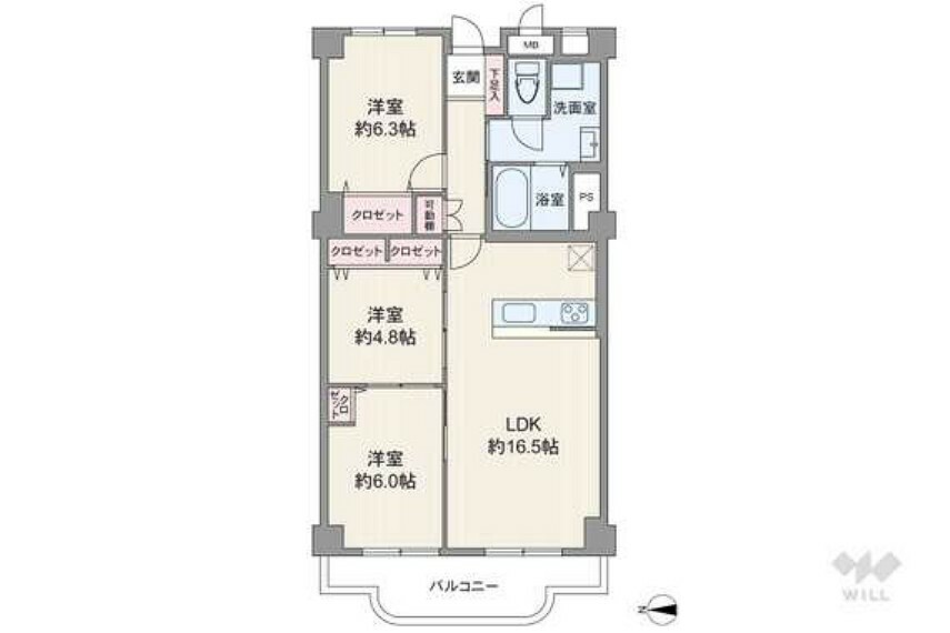 間取り図 間取りは専有面積76.8平米の3LDK。LDK約16.5帖の縦長リビングのプラン。バルコニー面積は9.64平米です。