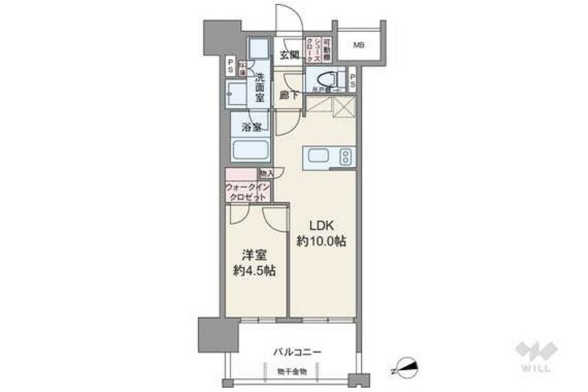 間取り図 間取りは専有面積36.75平米の1LDK。廊下の短い居室空間を優先した全部屋洋室仕様のプランです。玄関にシューズクローク、洋室にウォークインクローゼット付き。バルコニーは出幅があります。