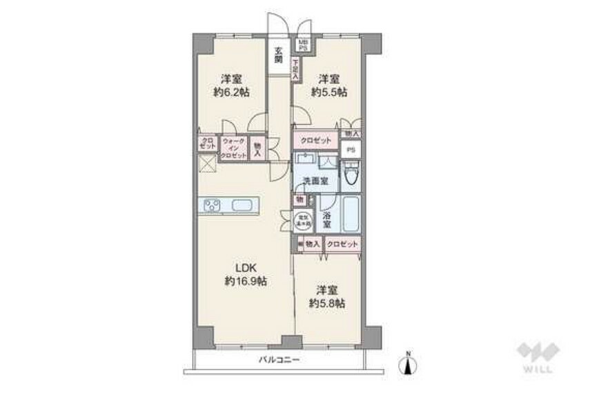 間取り図 間取りは専有面積78.00平米の3LDK。キッチンから洗面室にアクセスしやすく家事動線の優れたプラン。LDKに隣接する洋室の引戸を開ければ約22.7帖の開放的な空間に。