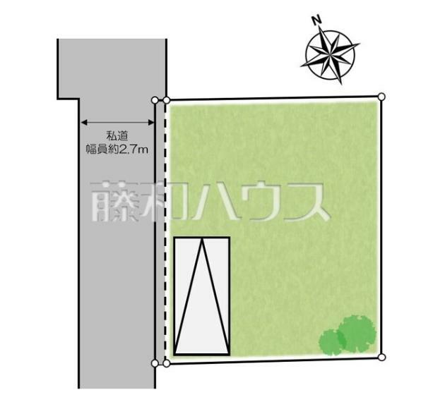 区画図 前面道路通行掘削承諾書あり。車の通行も可能です。※実測図ではございません。