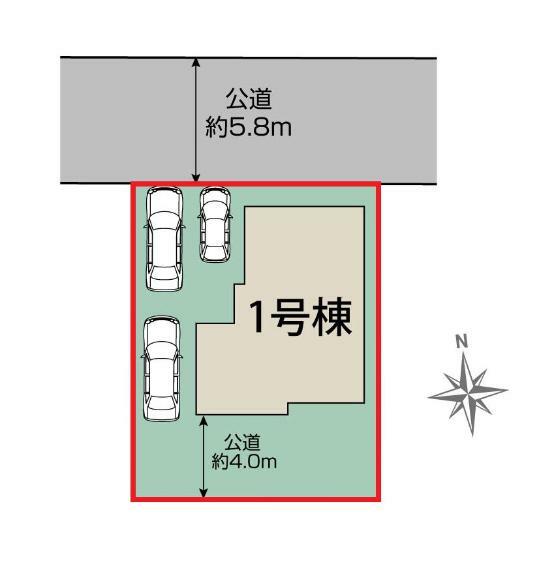 区画図 【1号棟区画図】土地面積168.80平米（51.06坪）・駐車3台可能（車種によります）