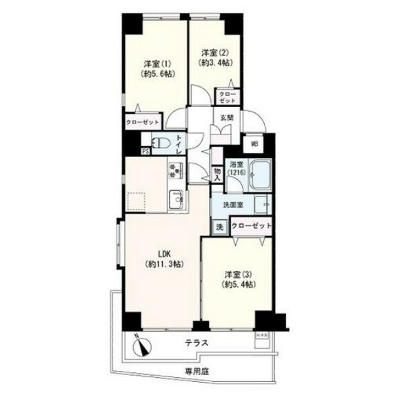 間取り図 3LDK/60.30m2/南西向き/角部屋/専用庭付き