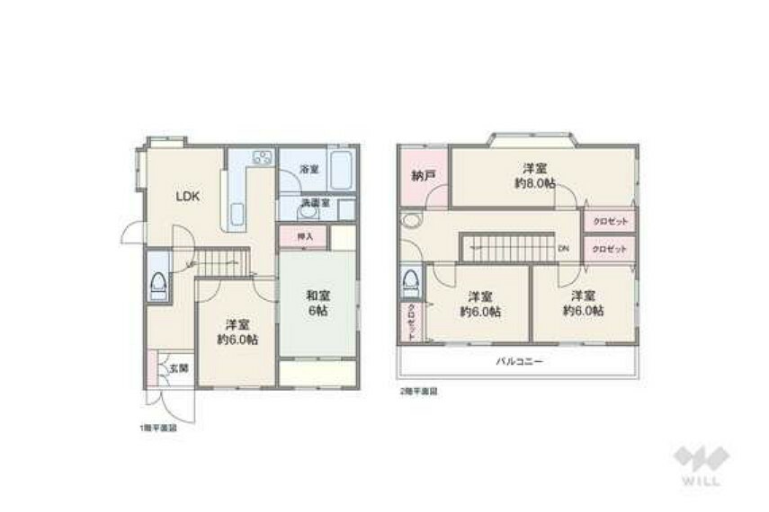 間取り図 間取りは延床面積112.61平米の5LDK。キッチンと洗面室（洗濯機置場）の行き来がしやすく、家事動線に優れています。2階の廊下から出入りできる大型の納戸があるのも嬉しいポイントです。