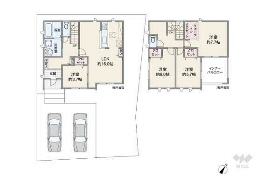 間取り図 1階にLDKと洋室、2階に3部屋あるプランです。車は2台並列駐車可能。