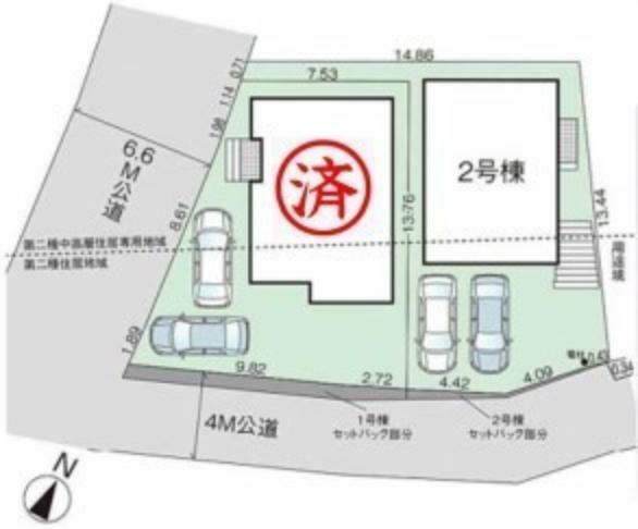 区画図 ～カースペース2台以上確保～ ・各棟カースペースが2台以上ございますので、車通勤の方にもお勧めのプランとなっております。 ・余裕の敷地で余裕のある新生活をお過ごしいただけます。