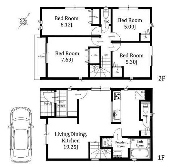 間取り図 2号棟: LDKは広々19.2畳で料理をしながら家族と会話を楽しめる対面式キッチン採用全居室収納付きでお部屋をすっきりご使用いただける新築戸建です