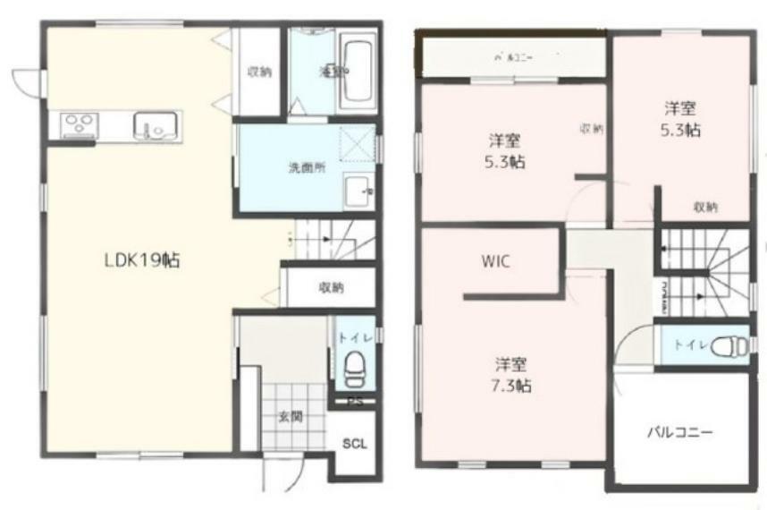 間取り図 リビングは19帖、3面採光で明るい空間です＾＾WIC・SCL・キッチン横収納・リビング収納あり。2面バルコニーで日当り風通し良好です＾＾