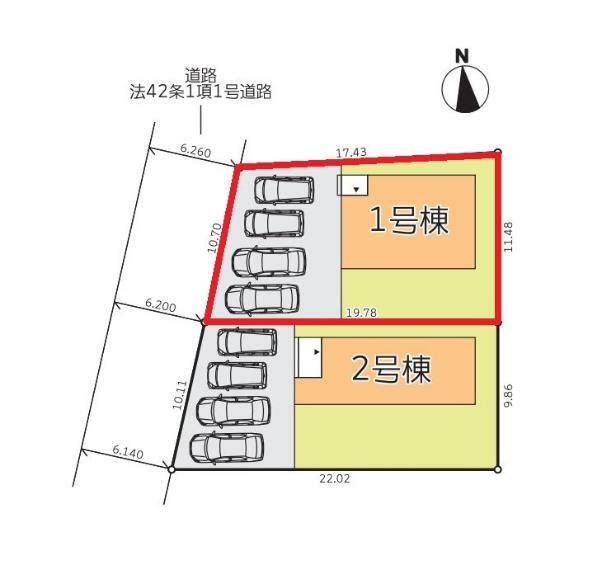 【1号棟区画図】土地面積203.04平米（61.41坪）・駐車4台可能（車種によります）