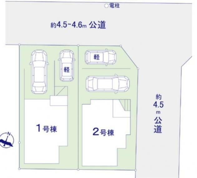 区画図 1号棟:敷地内に2台駐車可能です。内一台は車庫付きです。