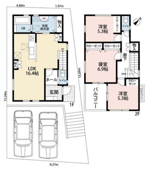 間取り図 1階には家族が集まるLDKと水廻りが集中。2階にはプライベートROOMで統一した3LDKです。全居室2面採光・オールフローリング。
