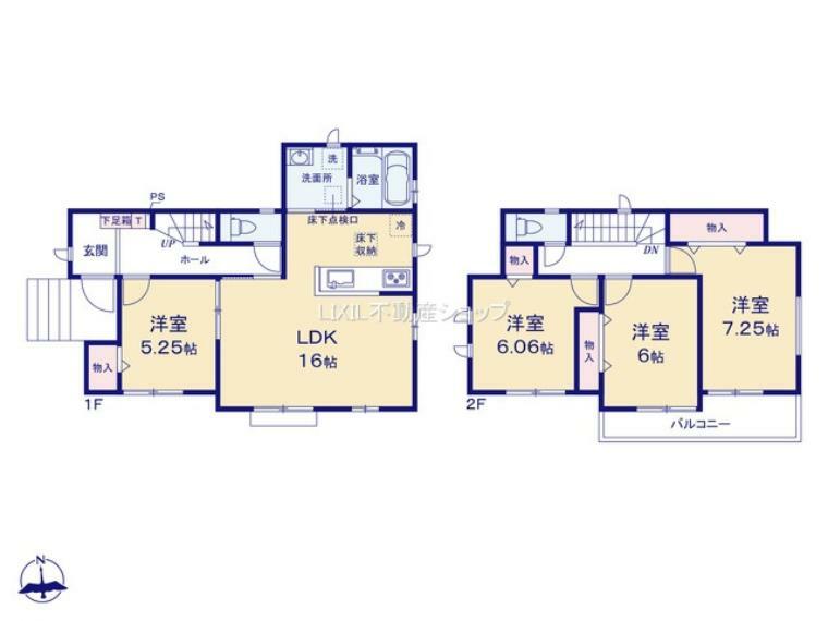 間取り図 全室南向きの陽当たり良好な住宅です。 2階3部屋は全室6帖以上のゆとりある間取りで ご家族それぞれのお時間も大切に出来ます。