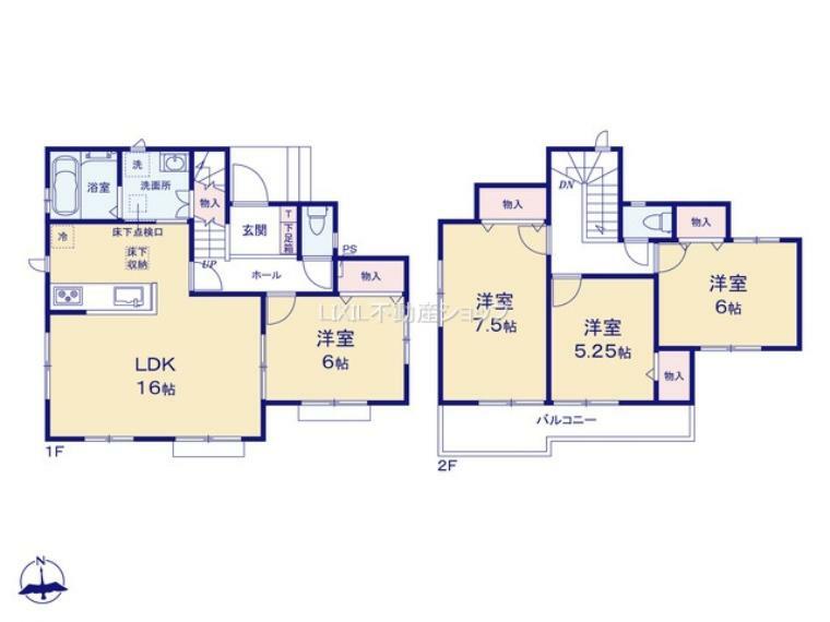 間取り図 1階は広いLDK16帖をご家族の共有スペースとして。 2階3部屋はそれぞれのお部屋。 暮らし易さを考慮した間取りとなっています。