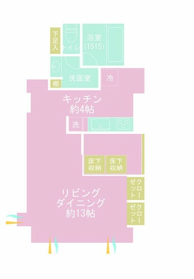 間取り図 1K、専有面積46.39m2、バルコニー面積4.01m2