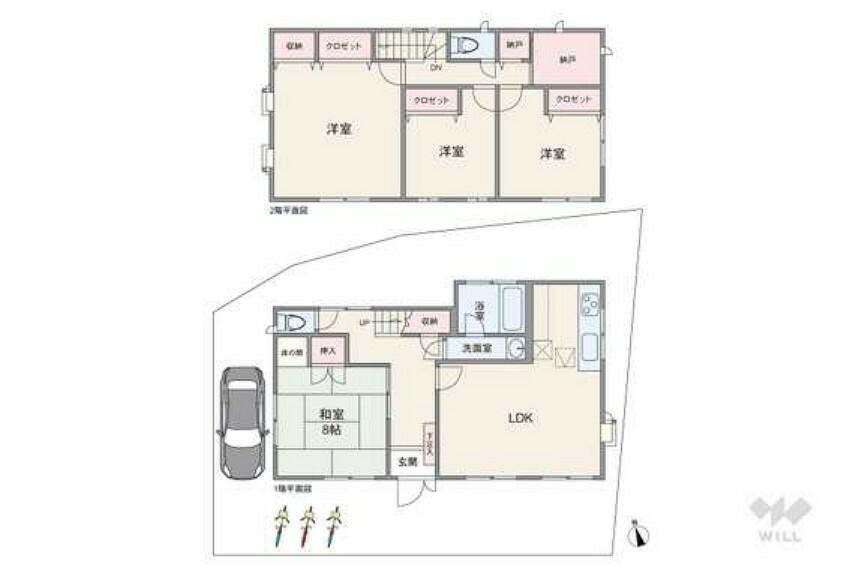 間取り図 延べ床面積122.15平米の4LDKで各室収納があるため居室としても使いやすい間取となっております。